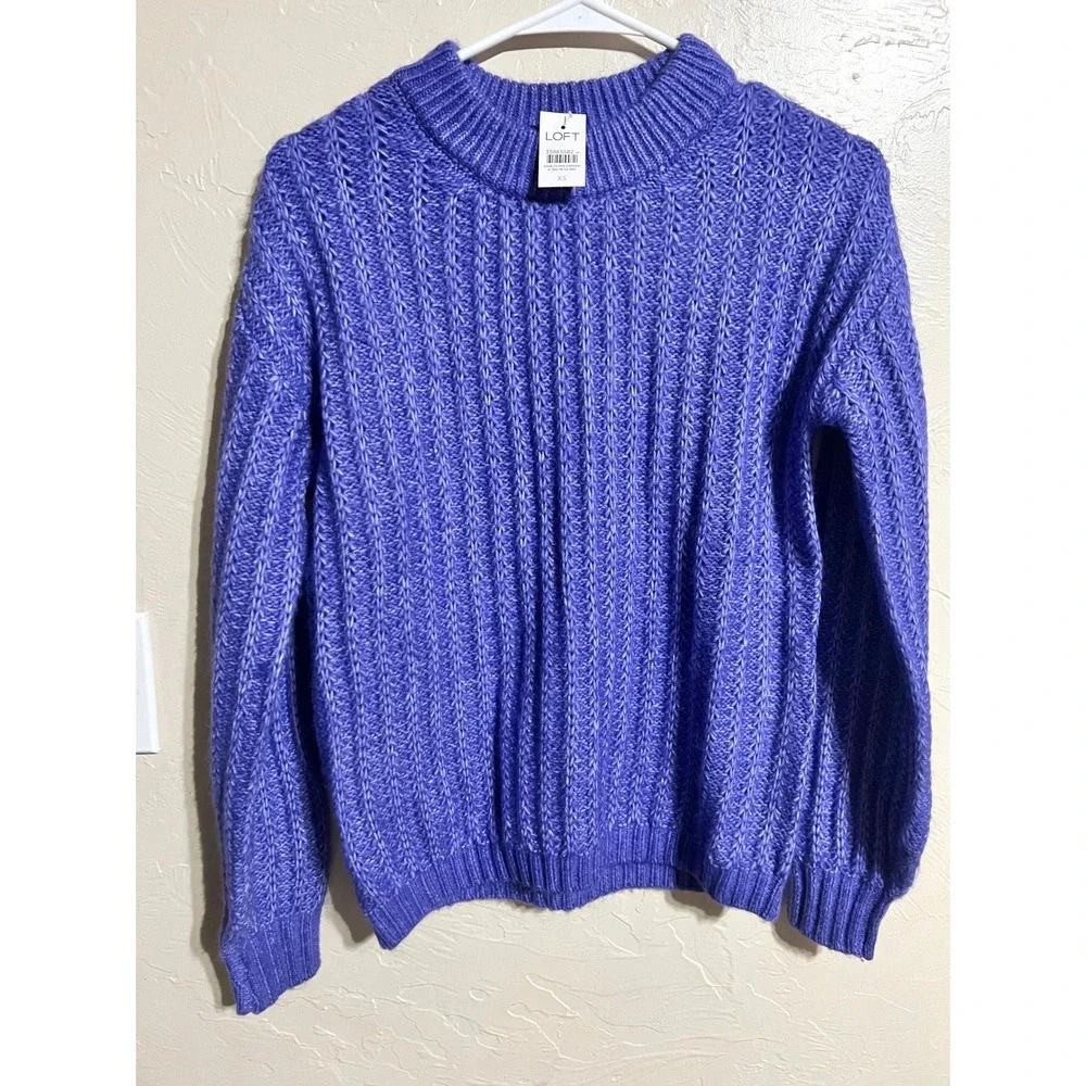 LOFT‎ Womens Ribbed Crew Neck Sweater Purple Long Sleeve Size XS NWT Warm Cozy